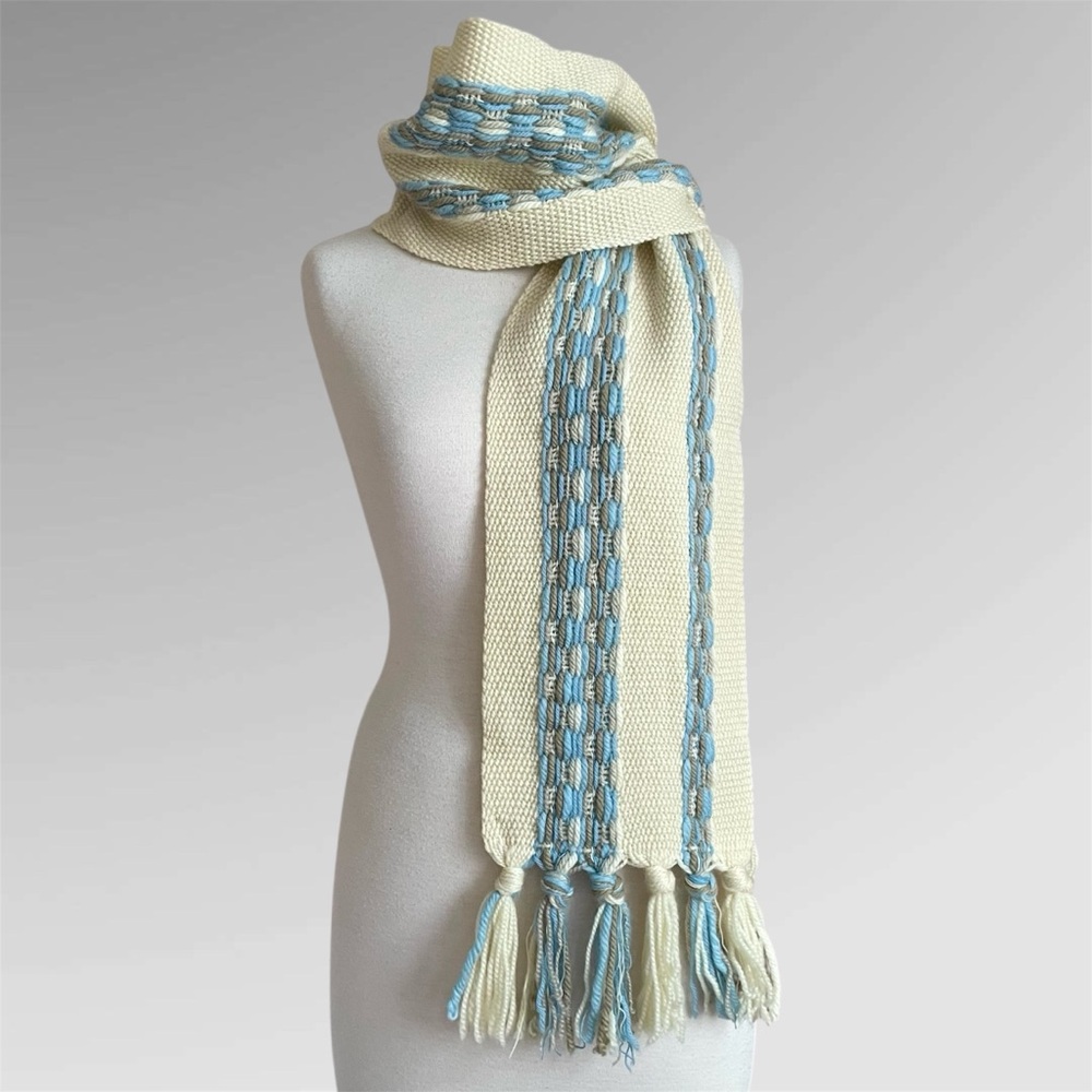 Vintage 70s Handwoven Pure Wool Maria Svatina Cream & Blue Long Knit Scarf